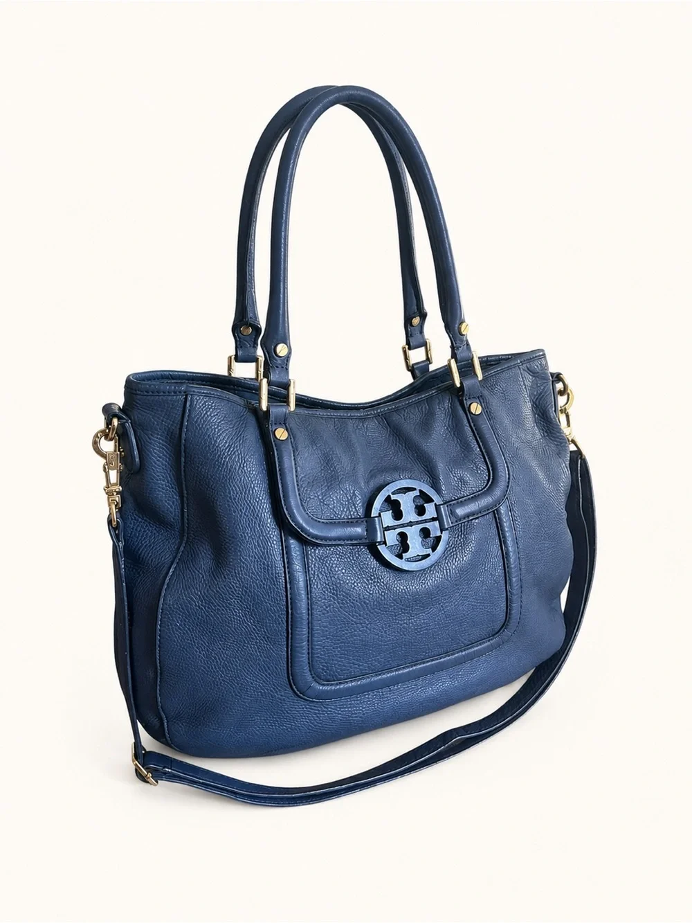 Tory Burch Amanda Classic Handle Blue Leather Hobo Crossbody Bag